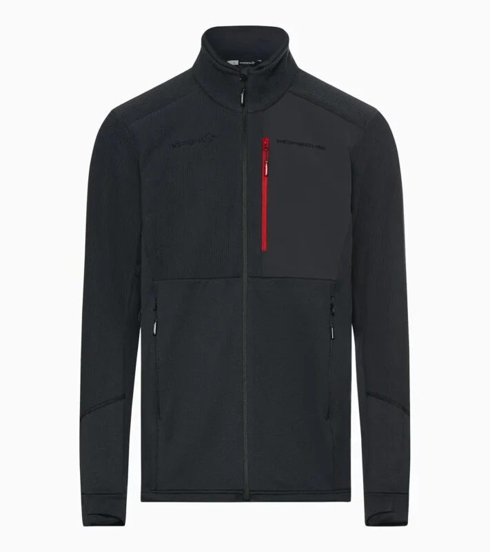 A black full-zip Porsche Design jacket with a high collar, red zippered chest pocket, and two side pockets, displayed against a white background—an ideal pick for your 2025 Holiday Gift Guide.