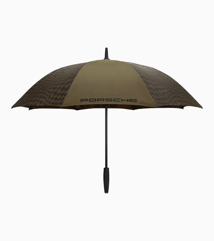 A khaki and black checkered umbrella with the word