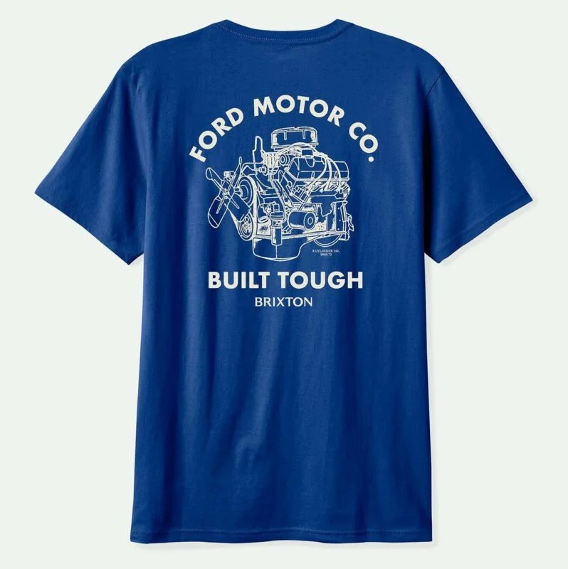 Blue T-shirt with a white graphic of a car engine and the text