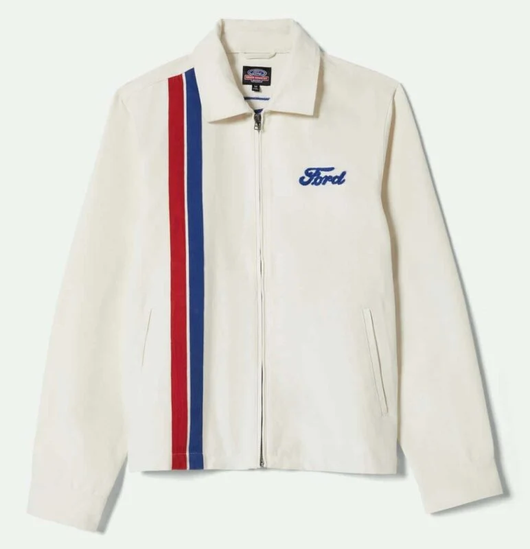 White zip-up jacket with blue and red vertical stripes on the left side and a blue