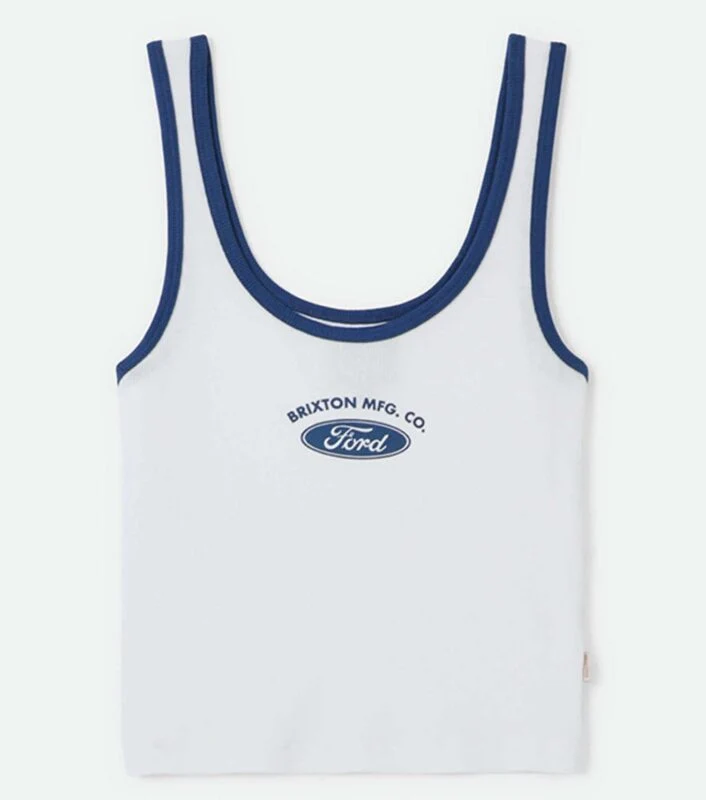 White tank top with blue trim, featuring